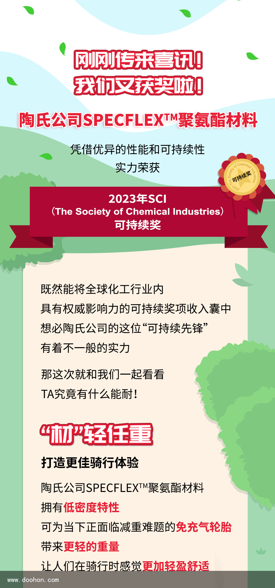 陶氏公司SPECFLEX?聚氨酯原料實(shí)力榮獲2023 SCI可連續(xù)獎(jiǎng)（不要告訴別人）